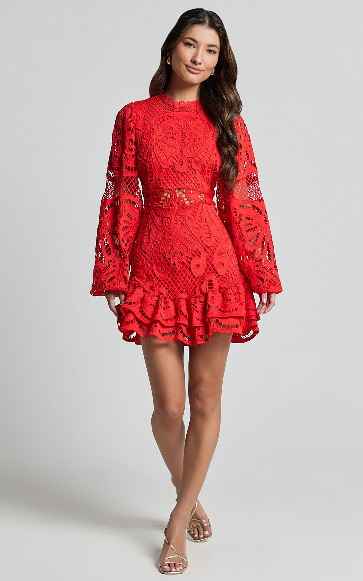 336g Weight Above Knee Dress Length Type Long Sleeve Sleeve Length Party Dress Dresses Type Bishop Sleeve Sleeve Type Mesh Yarn Fabric Type Mid Waist Waist Line Banquet, Party, Cocktail Party Occasion Standing Collar Neckline Slim Fit Type Solid Color Pattern Summer, Spring Season Women's Gender Hollow Out Design Elegant Style Wholesale Women's Elegant Hollow Out Solid Color Banquet Party Cocktail Party Standing Collar Long Sleeve Party Dress 17