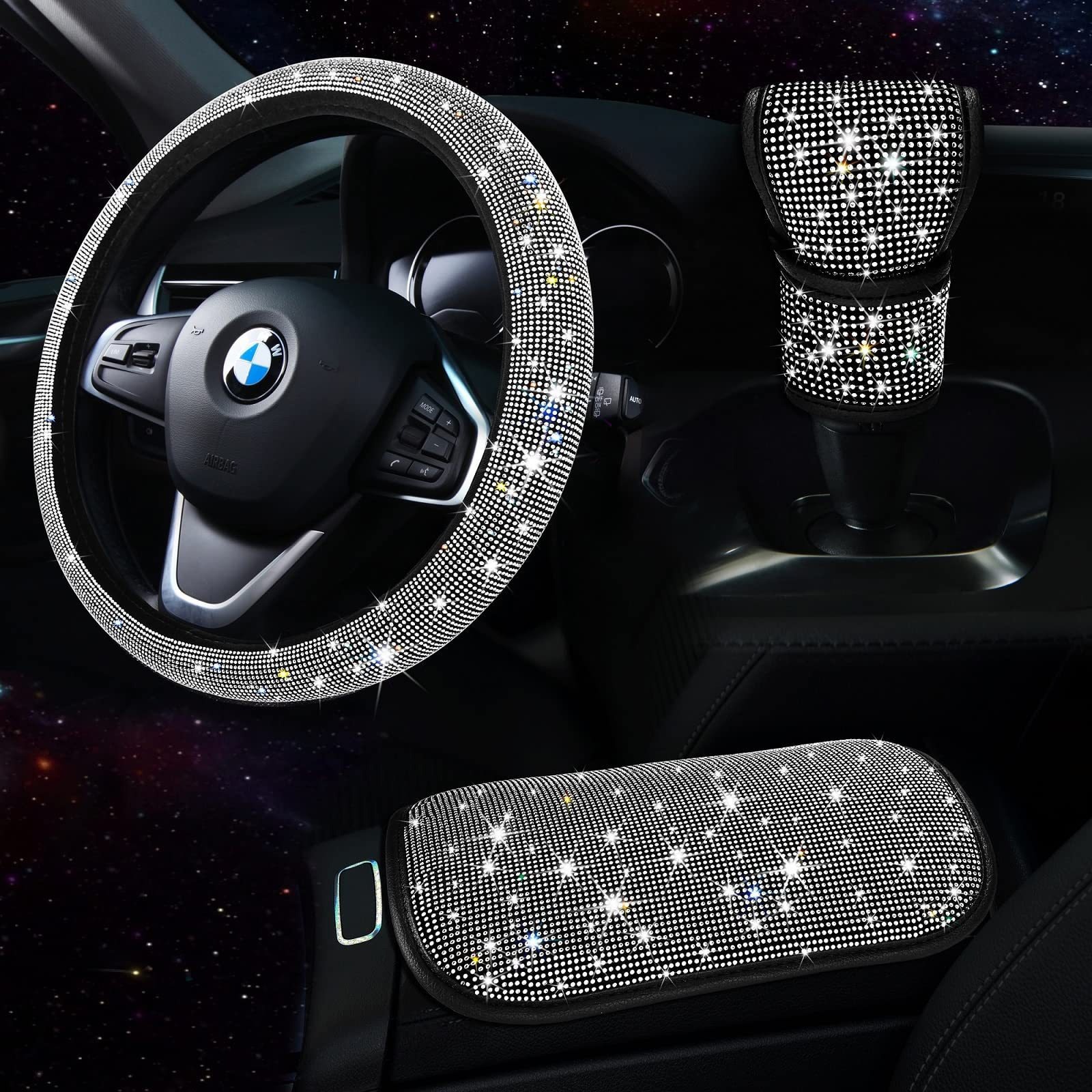 Car Steering Wheel Cover with Hot Diamonds, Full Diamonds, Rhinestone Armrest Box Pad, Gear Handle Cover, Cross-Border Popular Three-Piece Set Wholesale