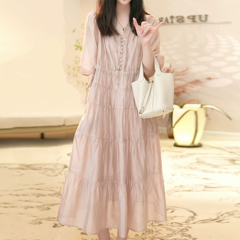 Элегантное платье с высокой талией для женщин в стиле ретро-французской чаепития, летний новый дизайн 2025 года, юбка-тортик с эффектом стройности и комбинированным кроем