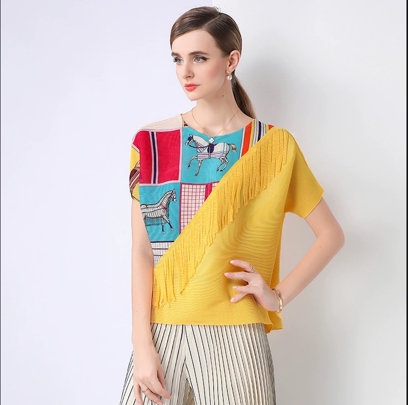 Мияке вертикальный воротник сплошной цвет драконья чешуя складка с короткими рукавами футболка высокого уровня дикий тонкий топ женский летний новый