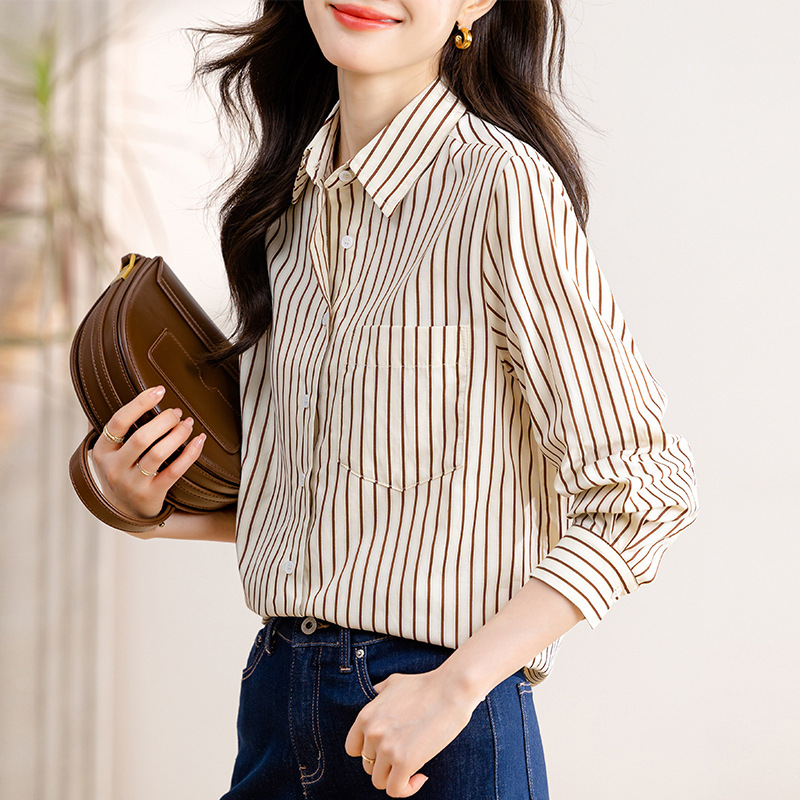 French-Style Coffee-Colored Casual Striped Shirt for Women, Early Spring 2026 New Model, Long-Sleeve Drop Shoulder Shirt with 3D Pattern French-Style Coffee-Colored Casual Striped Shirt for Women, Early Spring 2026 New Model, Long-Sleeve Drop Shoulder Shirt with 3D Pattern