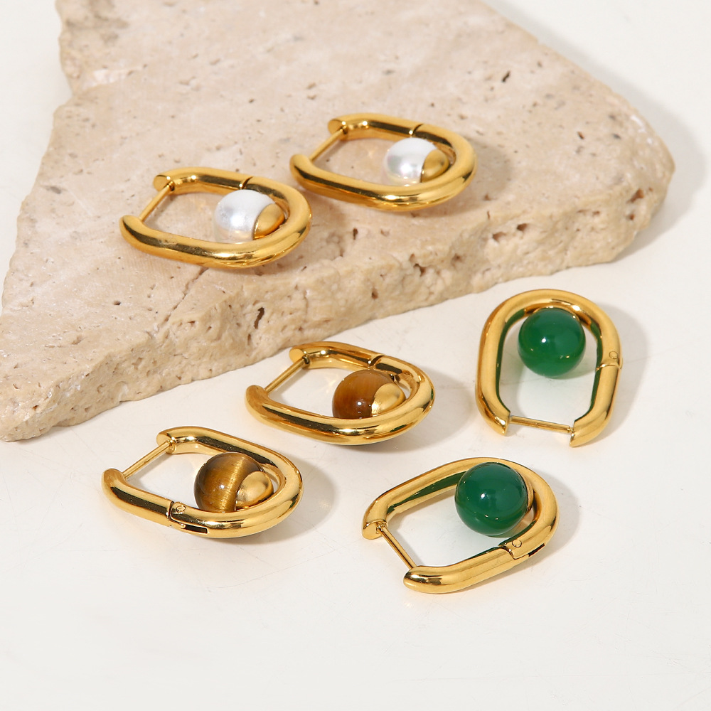 Fashion U Shape Stainless Steel Plating Inlay Artificial Gemstones Earrings 1 Pair