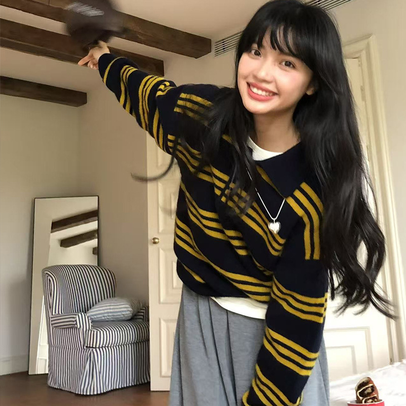 韩国2025秋新款长袖polo领休闲撞色条纹针织衫北极绒复古毛衣女|undefined
