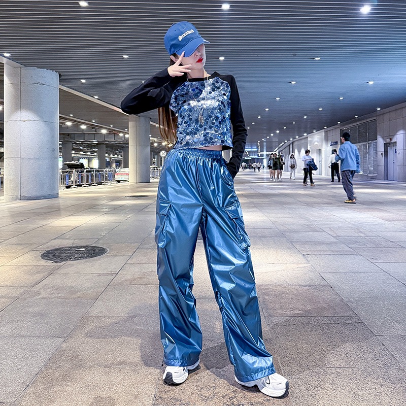 2025 Spring and Autumn Street Dance Trendy Brand Jazz Dance Short Women's European and American Hip-Hop Dance Sequin Performance Clothes Singing Clothes Suit