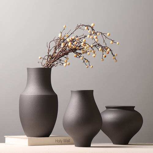 Black Ceramic Vase Creative Living Room Floral Arrangement Decor Designer Model Room Antique Shelf Ornament Minimalist Nordic