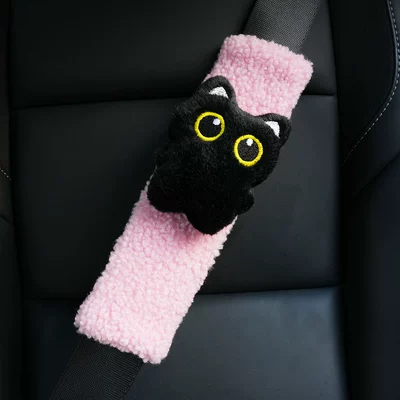 Seat belt shoulder pad Safety Shoulder Pad Plush Cute - lambskin-pink-shoulder-pads-black-cat-25x8x4cm-56g