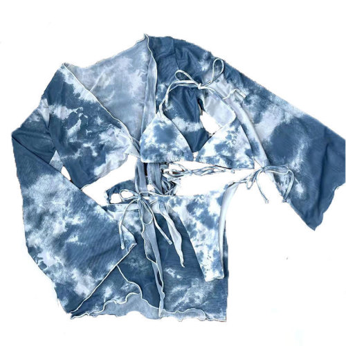 Rongfeidi 2024 AliExpress Split Tie-Dye Swim Suit Sexy Long Sleeve Sun Protection Four-Piece Bikini Set for Women