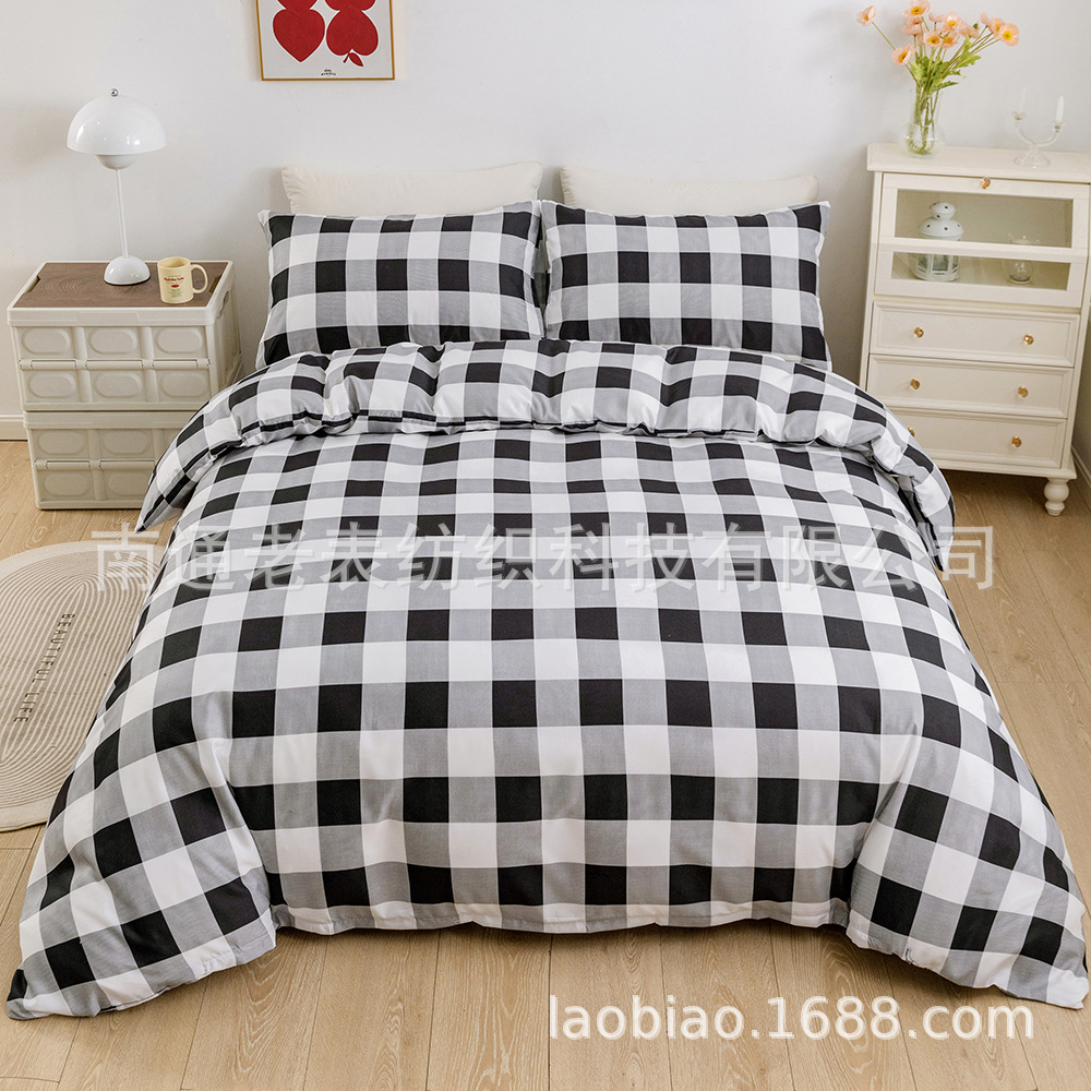 跨境货源美国英国尺寸亚马逊速卖通印花格子蝴蝶被套枕套床品套件