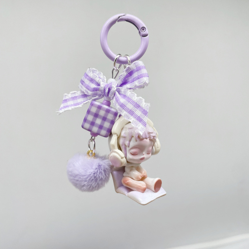 New Creative Lace Bow Square Plaid Pom-Pom Keychain DIY Handmade Jewelry Accessories Wholesale
