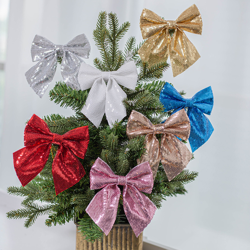 Tejido personalizado sequinilla decoración navideña arco ventana fiesta atmósfera hornear accesorios de embalaje de regalos accesorios