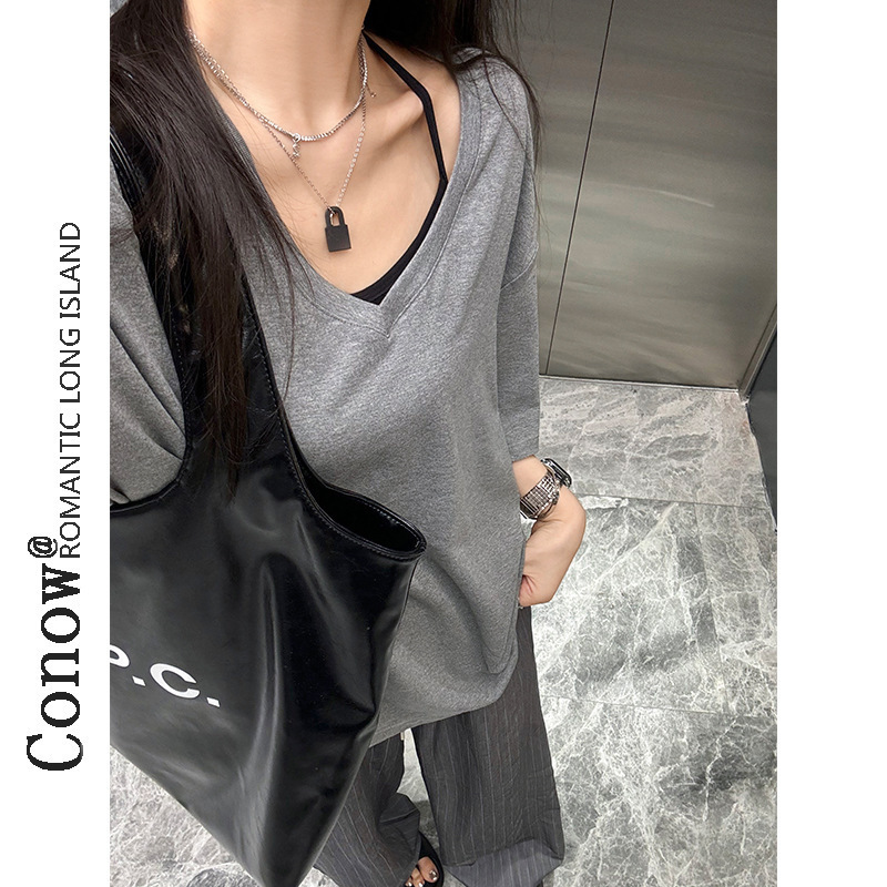 Cainuo Summer Deep V Neck Boyfriend Style Lazy Loose Half-Sleeved Pure Color Top Women's Early Autumn Mid-Length Large Version T-Shirt Trendy