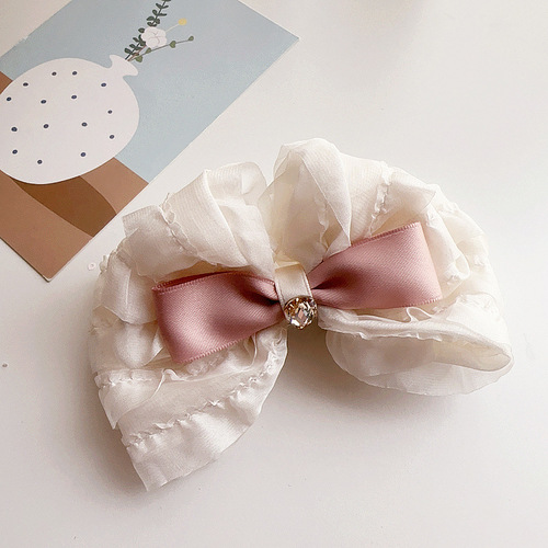 New French retro beige girly style fungus-edged chiffon bow children's hair clip hair accessories steel gut hair accessories