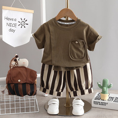 Children's simple short-sleeved summer clothing solid color casual T-shirt children's clothing baby infant round neck top striped shorts children's set