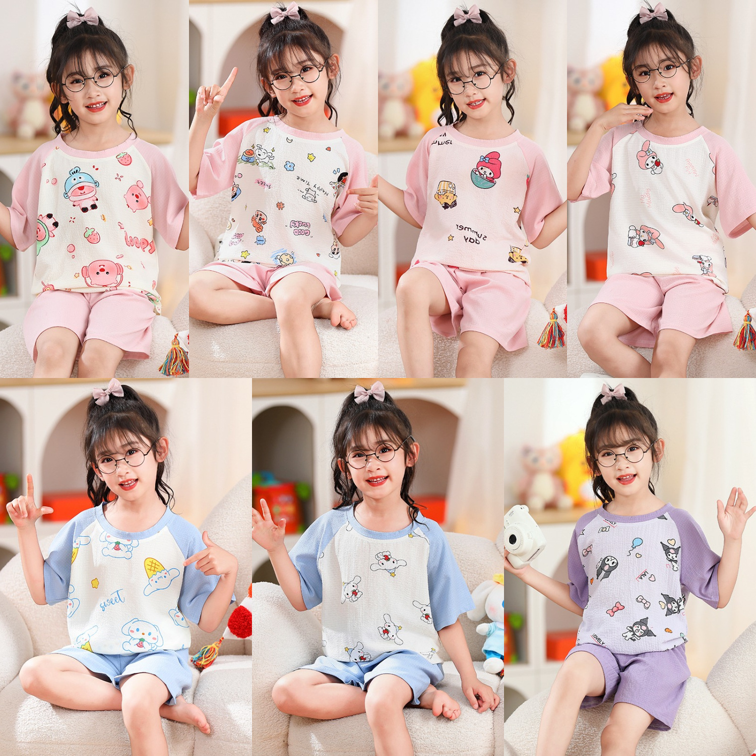 Pijamas infantiles niñas de manga corta verano espuma tejida tela arrugada dibujos animados niñas niños mayores cubierta de ropa de bebé