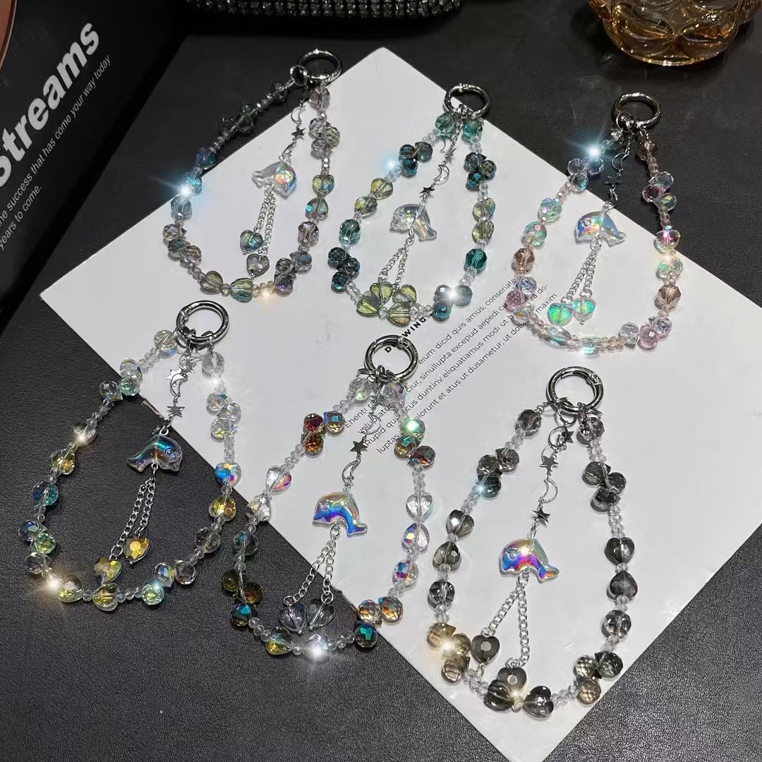 Cuerdas de muñeca corta de teléfono móvil cuerdas de muñeca personales creativas cuentas de diamante pequeños delfines hechos a mano perlas colgante lujoso ligero