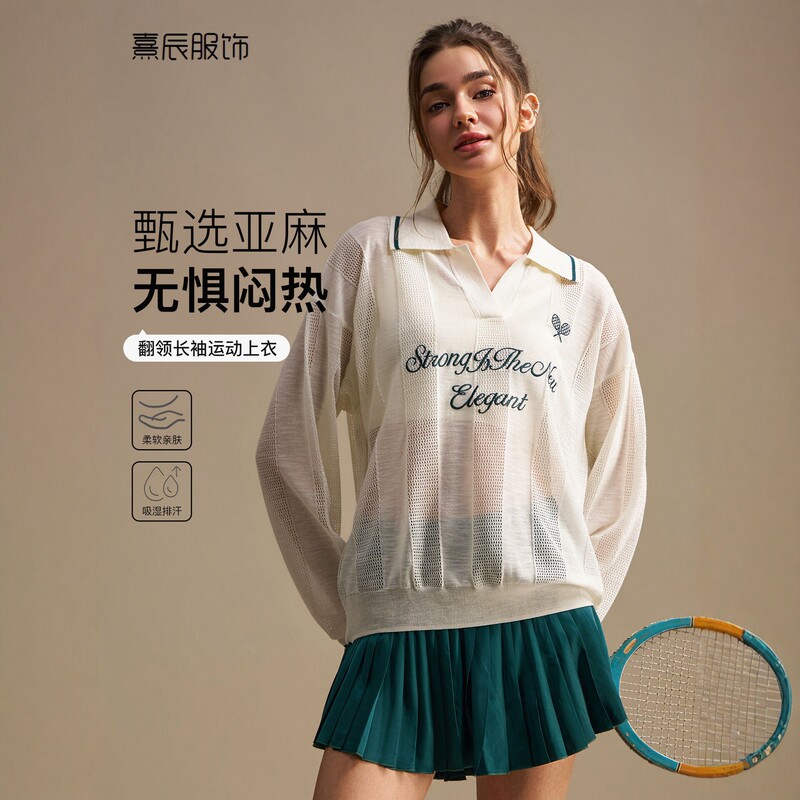 Zhejiang Xichen Linen Lapel Long Sleeve Tennis Shirt for Women, Breathable Knitted Sports Top, Old Money Style, Loose Fit, Slimming Effect Zhejiang Xichen Linen Lapel Long Sleeve Tennis Shirt for Women, Breathable Knitted Sports Top, Old Money Style, Loose Fit, Slimming Effect