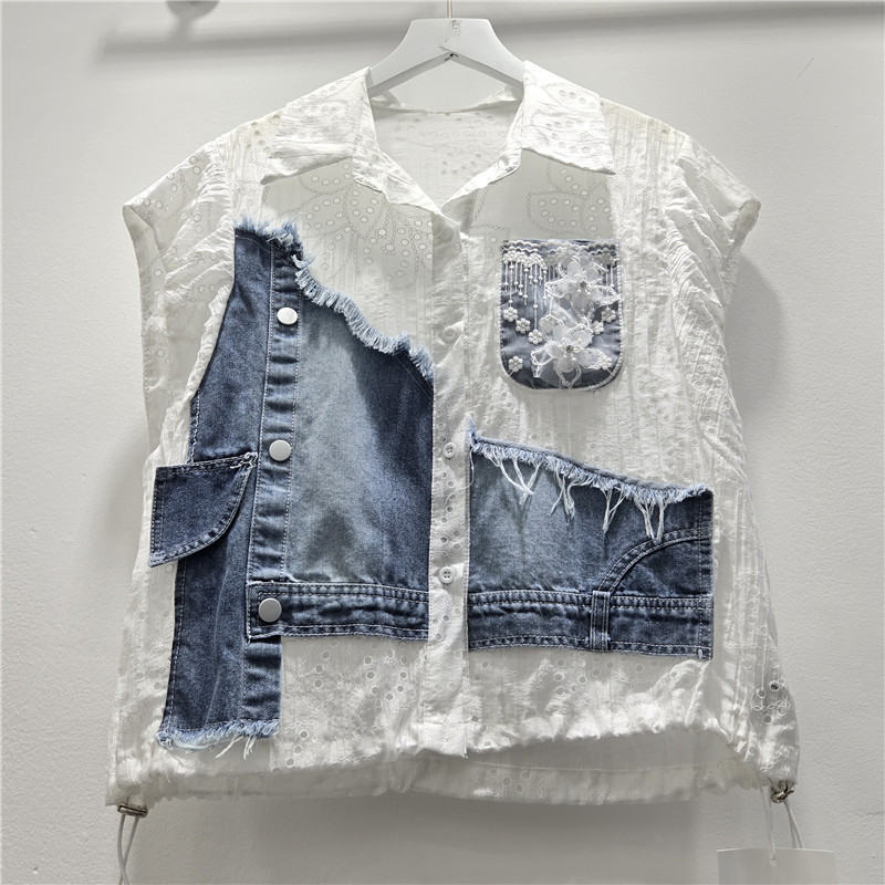 European Fashion Shirts, Denim Patchwork, Contrasting Color Hollow-Out Tops, Trendy Niche Shirts for Women, Sweet and Cool Summer New Styles European Fashion Shirts, Denim Patchwork, Contrasting Color Hollow-Out Tops, Trendy Niche Shirts for Women, Sweet and Cool Summer New Styles