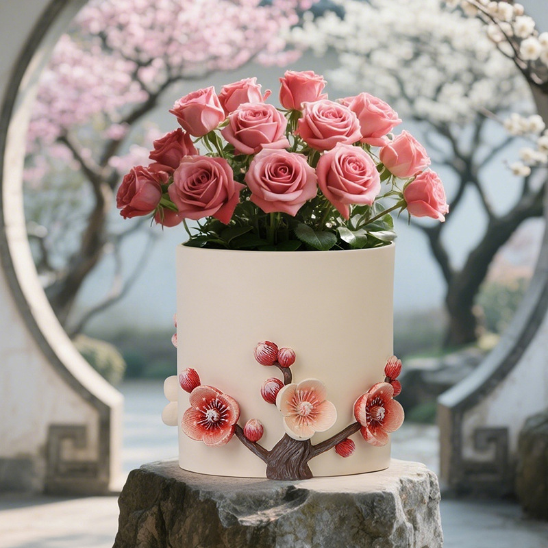 Overseas Hot ChinaFourGentlemen Three-dimensional Pattern Plum Blossom Decorative Thickened Large Diameter Resin Flower Pot
