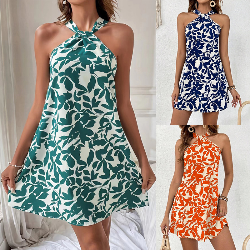 Women's 2025 Spring Floral Print Sleeveless Backless Short Skirt Hemline Neckline Dress from Europe and America