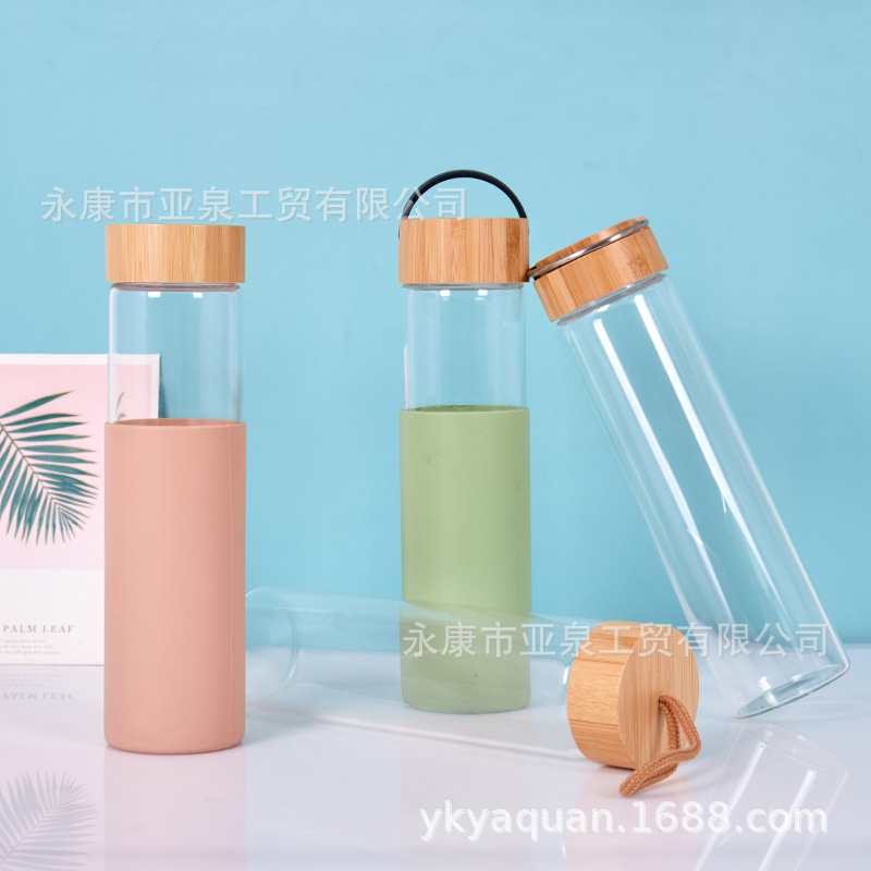 Cruz-frontera espesado vidrio borosilicato Flor de vidrio taza de té espiral de bambú cubierta de vidrio taza de agua con la cubierta de la taza de silicona