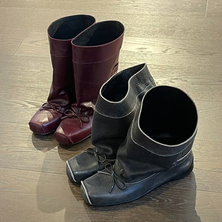 In-Stock Cowhide Version ~ Designer Style Mary Jane Boots with Large Calf Circumference and Round Toe, Trendy Loose-Fitting Long Boots for Women