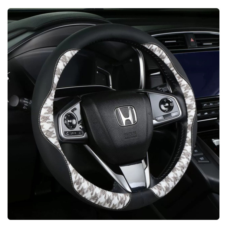 Customized Linen Sports-Style Houndstooth Steering Wheel Cover, Car Interior Accessories, Universal Car Steering Wheel Cover