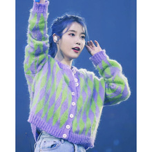 网红李智恩同款绿紫色菱格复古2021年新款针织外穿毛衣