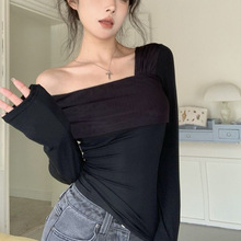 2025秋冬季新款纯欲风性感露肩一字斜领锁骨内搭上衣长袖t恤女潮