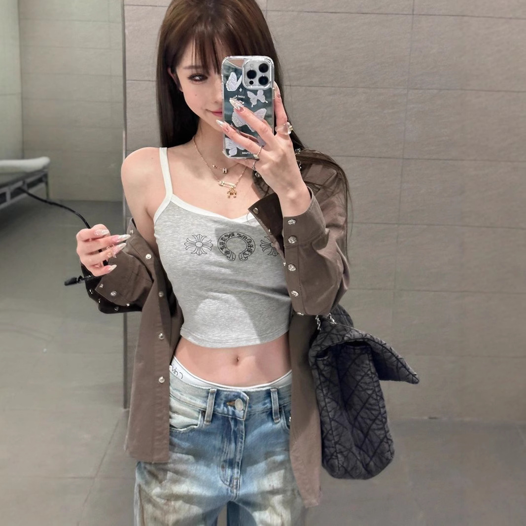 Factory direct summer new sweet and spicy sleeveless personality design sense printed camisole temperament tight belly button