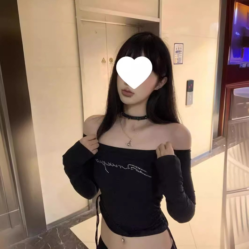 [260g Rayon Modal] Alphabet Hot Diamond One-Shoulder T-Shirt for Women with Straps, Slim Off-Shoulder Sexy