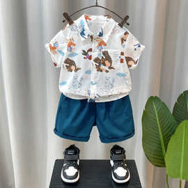 儿童装男童夏装衬衫套装2025新款衣服小男孩衬衣网红夏季纯棉痞帅
