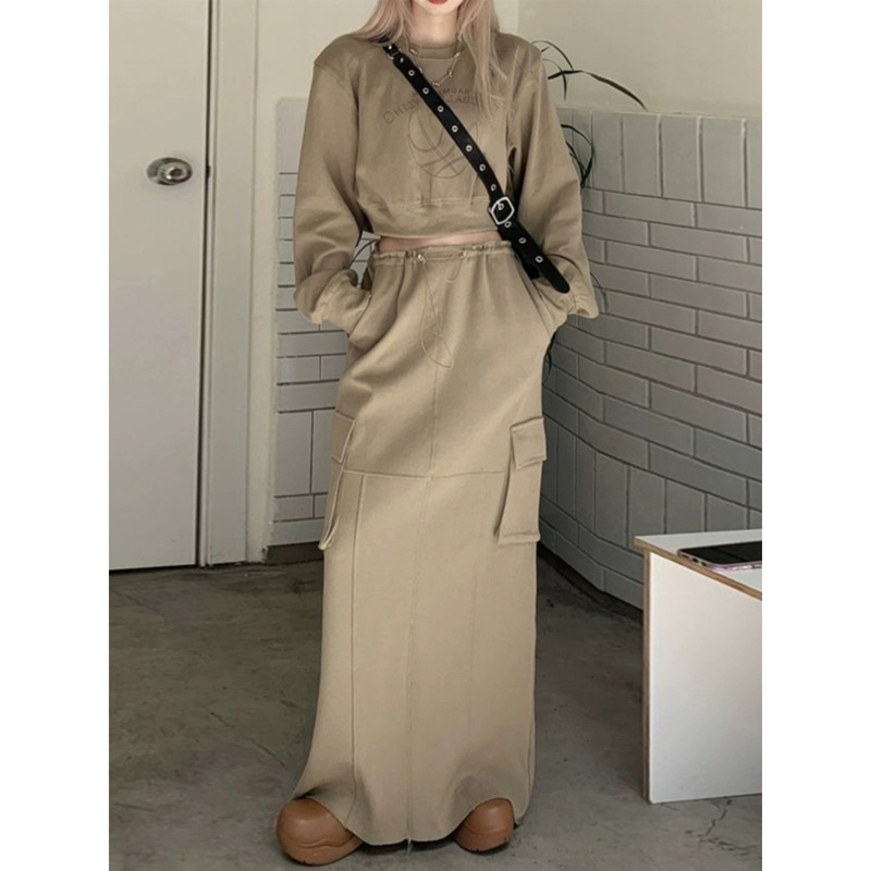 美式复古套装女长袖印花卫衣上衣2025年春秋季工装半身裙两件套潮|undefined