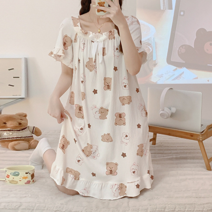 Princesa viento pijama de verano mujer tela de algodón gancho vestido de pijama de mangas cortas suelto tamaño más grande 200 kg se puede usar ropa para el hogar