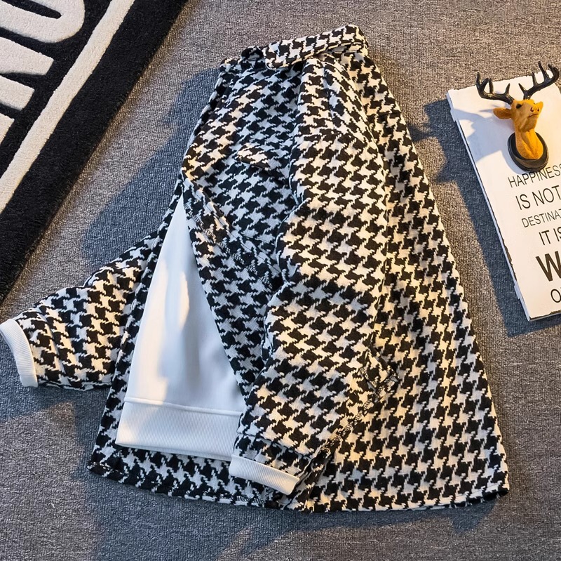 Houndstooth Woolen Jacket Men's Loose Casual Overalls Jacket Spring and Autumn Couple's Top Home Figure# XXF007 Houndstooth Woolen Jacket Men's Loose Casual Overalls Jacket Spring and Autumn Couple's Top Home Figure# XXF007