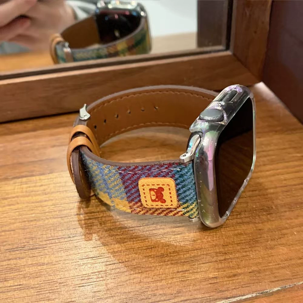 Подходит для Apple Watch S10, ремешок Xiaomi 9 Pro/8, мультяшный шерстяной клетчатый кожаный ремешок