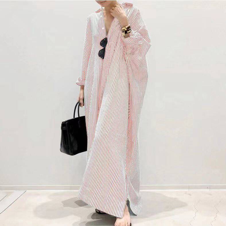 Cross-Border European And American New Plus Loose Striped Print Fashion Women's Clothing Large Size Long Dress Cardigan_ecoleips.com