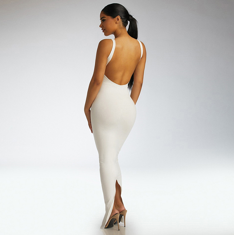 suspender backless slim slit high waist tight solid color dress NSCOK134273