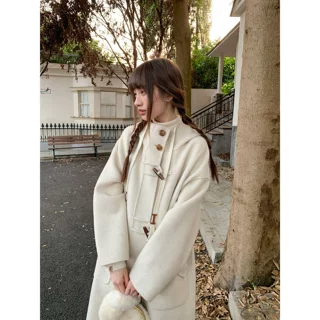 韩版气质连帽牛角扣毛呢大衣女冬季时尚休闲厚外套上衣
