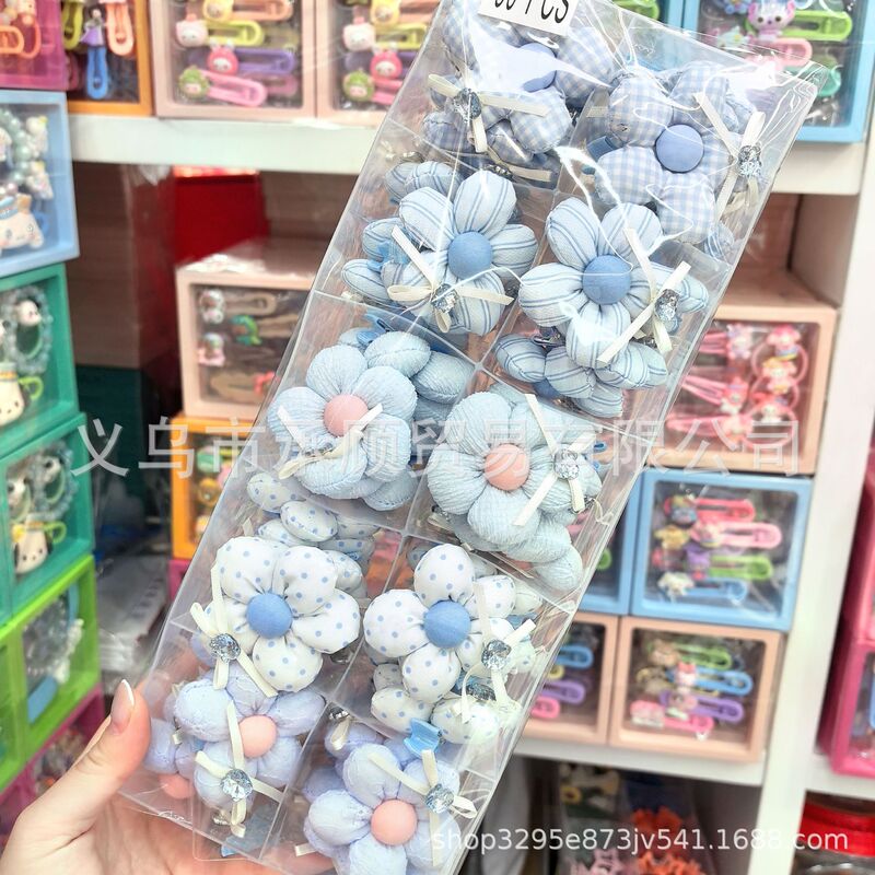 韩式闪钻蝴蝶结浅蓝色格子条纹波点布艺花朵儿童发夹可爱学生发卡|undefined