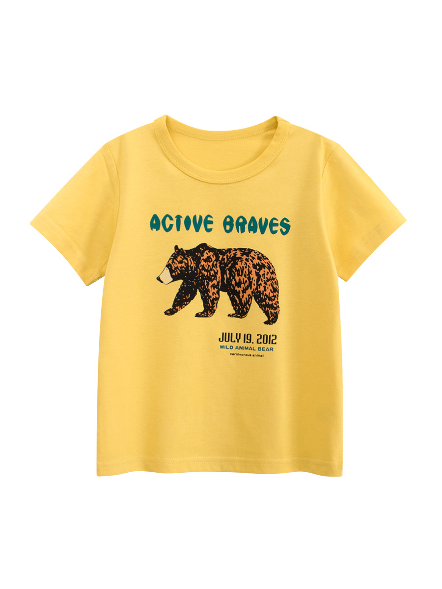27kids verano nueva camiseta de algodón de manga corta para niños versión coreana de la ropa para niños patrón de oso ropa de bebé cabello de una pieza