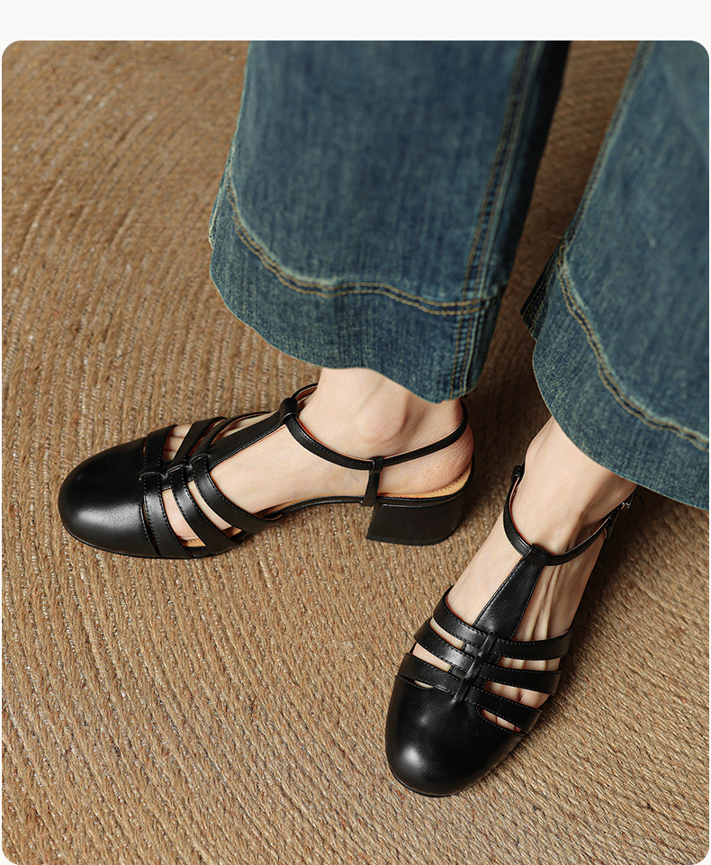 Sandal nữ da bò dệt rỗng mũi hở gót thô cao phong cách La Mã — màu nâu chi tiết 9
