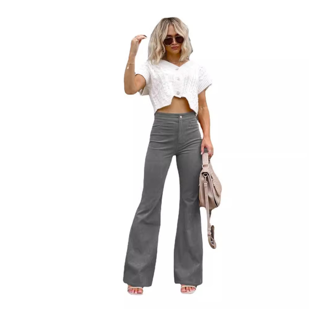 2024 Spring New Solid Color Corduroy Style Women's Micro Pull High Waist Casual Pants_voghion.com