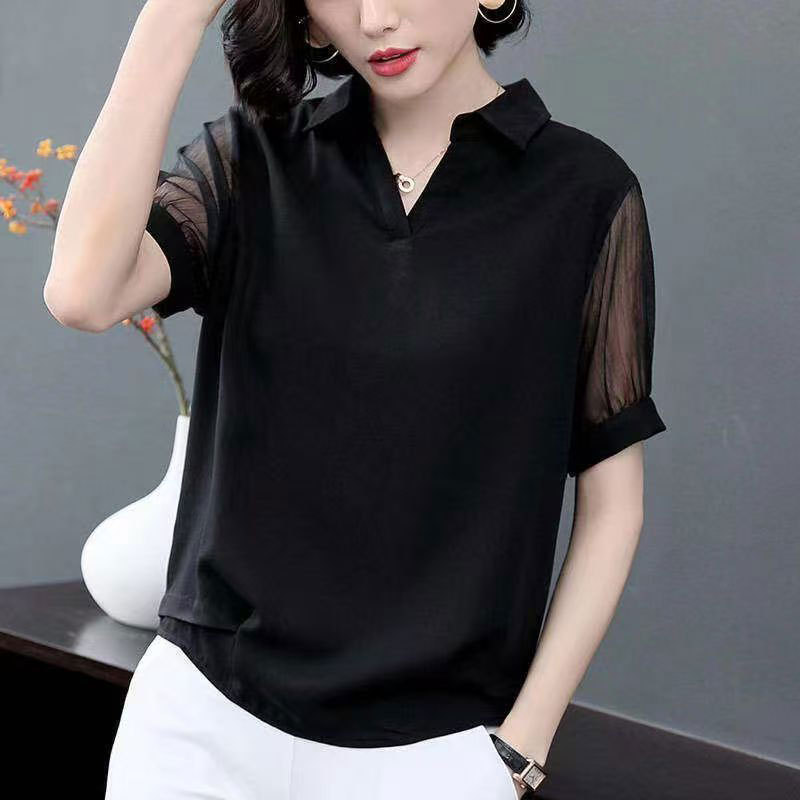 [Source Factory] Plus Size Women's Summer Black Short-Sleeved V-Neck Belly-Covering Chiffon Shirt Korean Style Mesh Shirt for Women