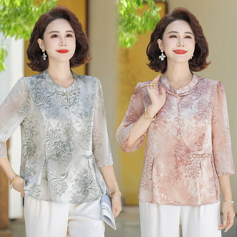 2025 Новая летняя модная шифоновая блузка в китайском стиле для мам в национальном стиле для женщин среднего и пожилого возраста, рубашка больших размеров со средним рукавом.