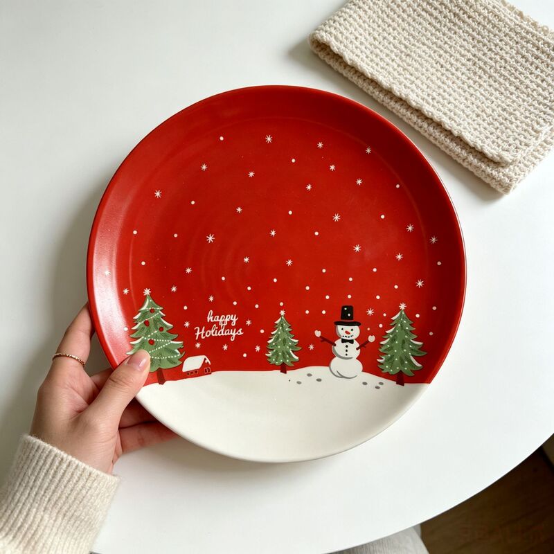 Red-Bottomed Snowman Christmas Ceramic Plate, Festive Atmosphere Dinner Plate, Household Western-Style Dessert Plate, Decorative Display Plate Wholesale