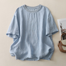 实拍现货新款复古敦实棉麻上衣女拼接螺纹圆领短袖衫休闲套头T恤