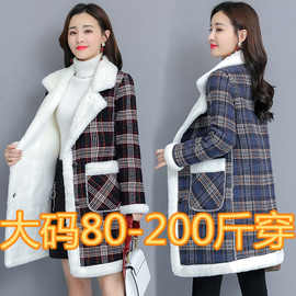 大码女装秋冬季韩版加绒加厚胖mm200斤中长款仿羊羔绒外套大衣潮