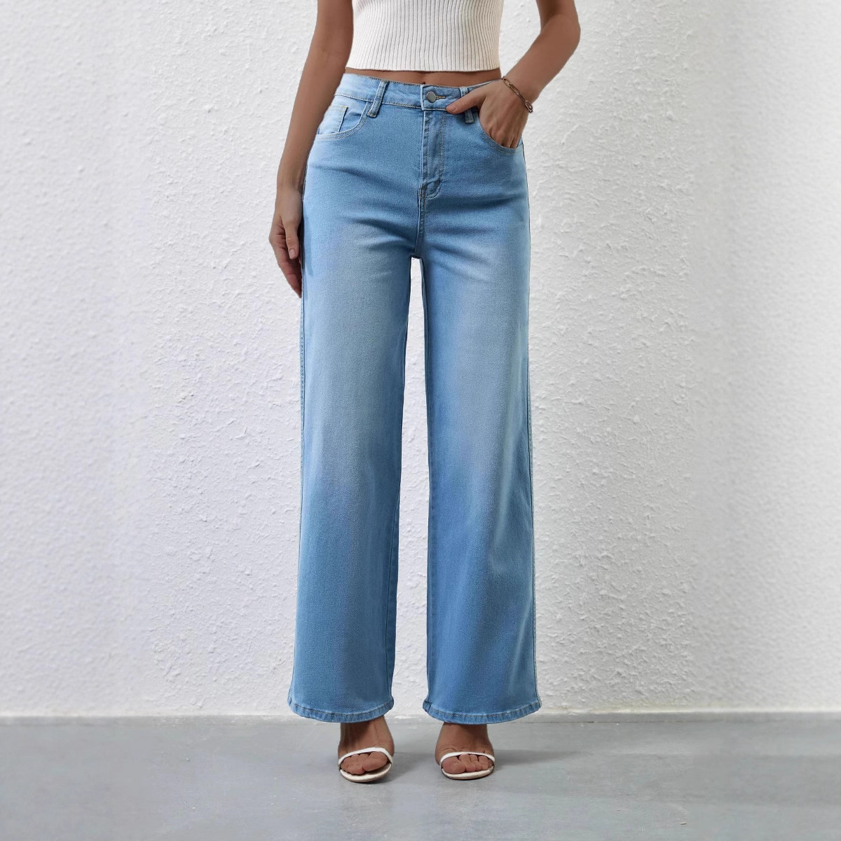 2025 Cross-Border European And American Fashion Casual Stretch Women's Quality Straight High-Waisted Wide-Leg_ecoleips.com