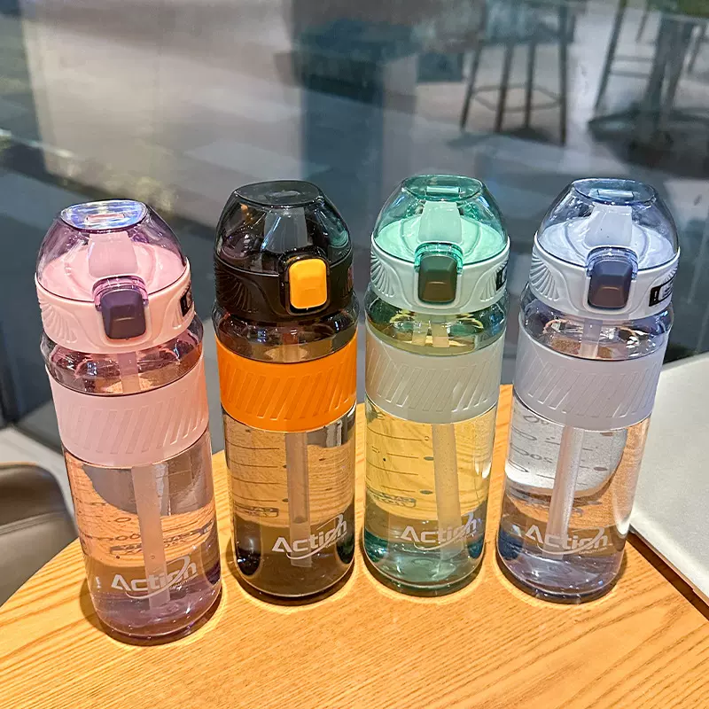 律动带提环水瓶弹跳盖水壶运动塑料杯吸管带刻度水杯子硅胶隔热杯