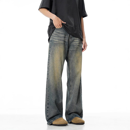 Niche worn-out, vintage-style washed straight-leg men's autumn jeans, loose-fitting and versatile wide-leg floor-length trousers